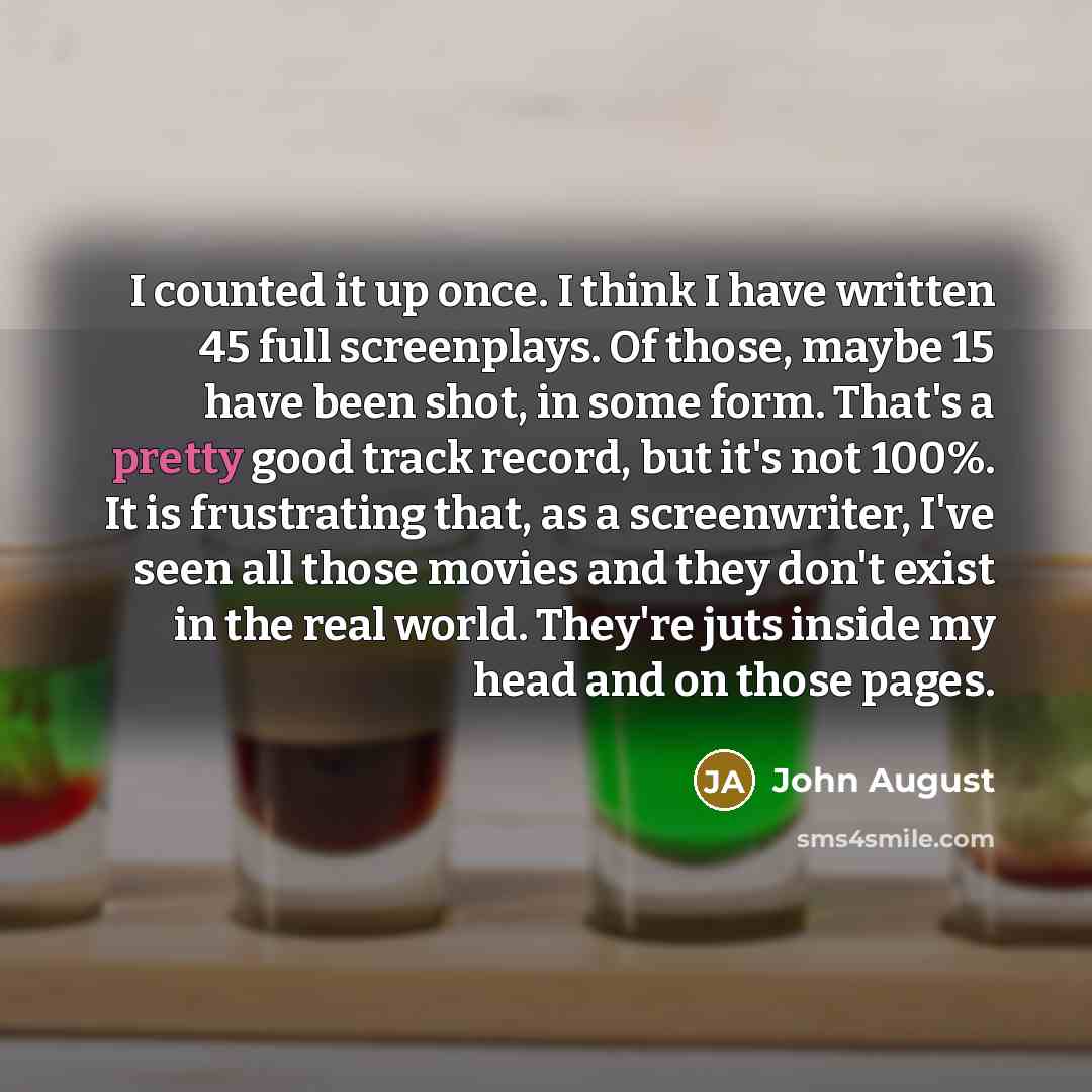“I counted it up once. I think I have written 45 full screenplays. Of those, maybe 15 have been shot, in some form. That's a pretty good track record, but it's not 100%. It is frustrating that, as a screenwriter, I've seen all those movies and they don't exist in the real world. They're juts inside…” quote by John August