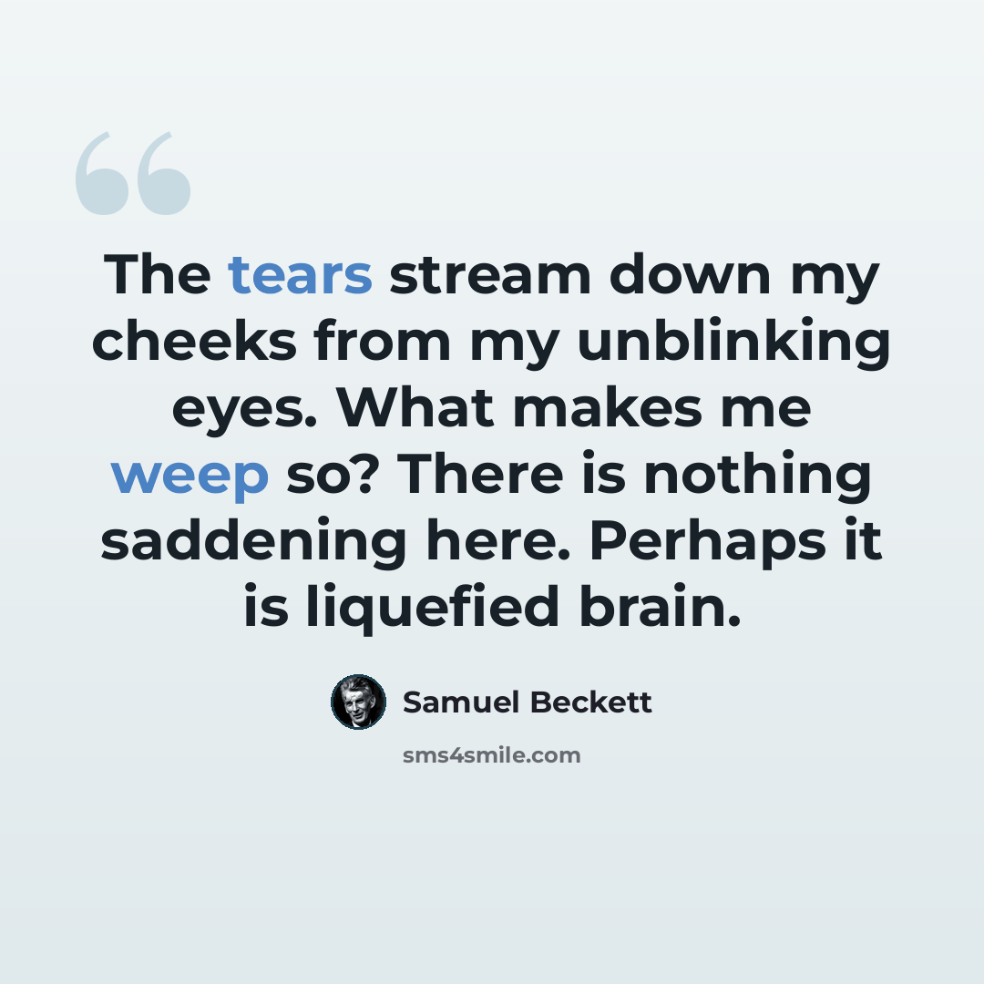 “The tears stream down my cheeks from my unblinking eyes. What makes me weep so? There is nothing saddening here. Perhaps it is liquefied brain.” quote by Samuel Beckett