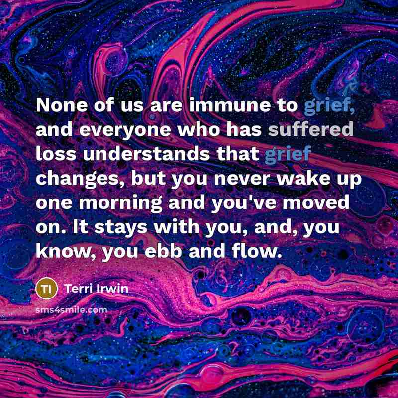 “None of us are immune to grief, and everyone who has suffered loss understands that grief changes, but you never wake up one morning and you've moved on. It stays with you, and, you know, you ebb and flow.” quote by Terri Irwin