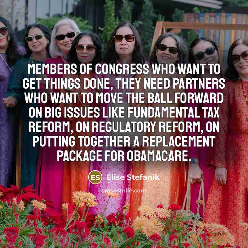 “Members of Congress who want to get things done, they need partners who want to move the ball forward on big issues like fundamental tax reform, on regulatory reform, on putting together a replacement package for Obamacare.” quote by Elise Stefanik