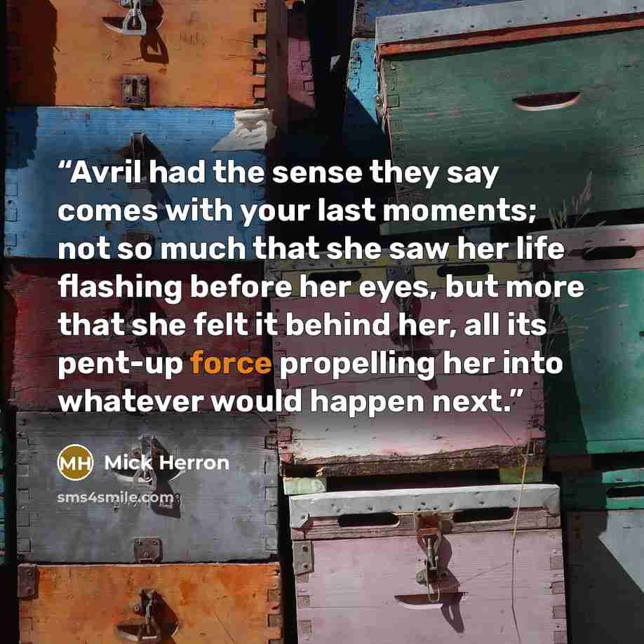“Avril had the sense they say comes with your last moments; not so much that she saw her life flashing before her eyes, but more that she felt it behind her, all its pent-up force propelling her into whatever would happen next.” quote by Mick Herron