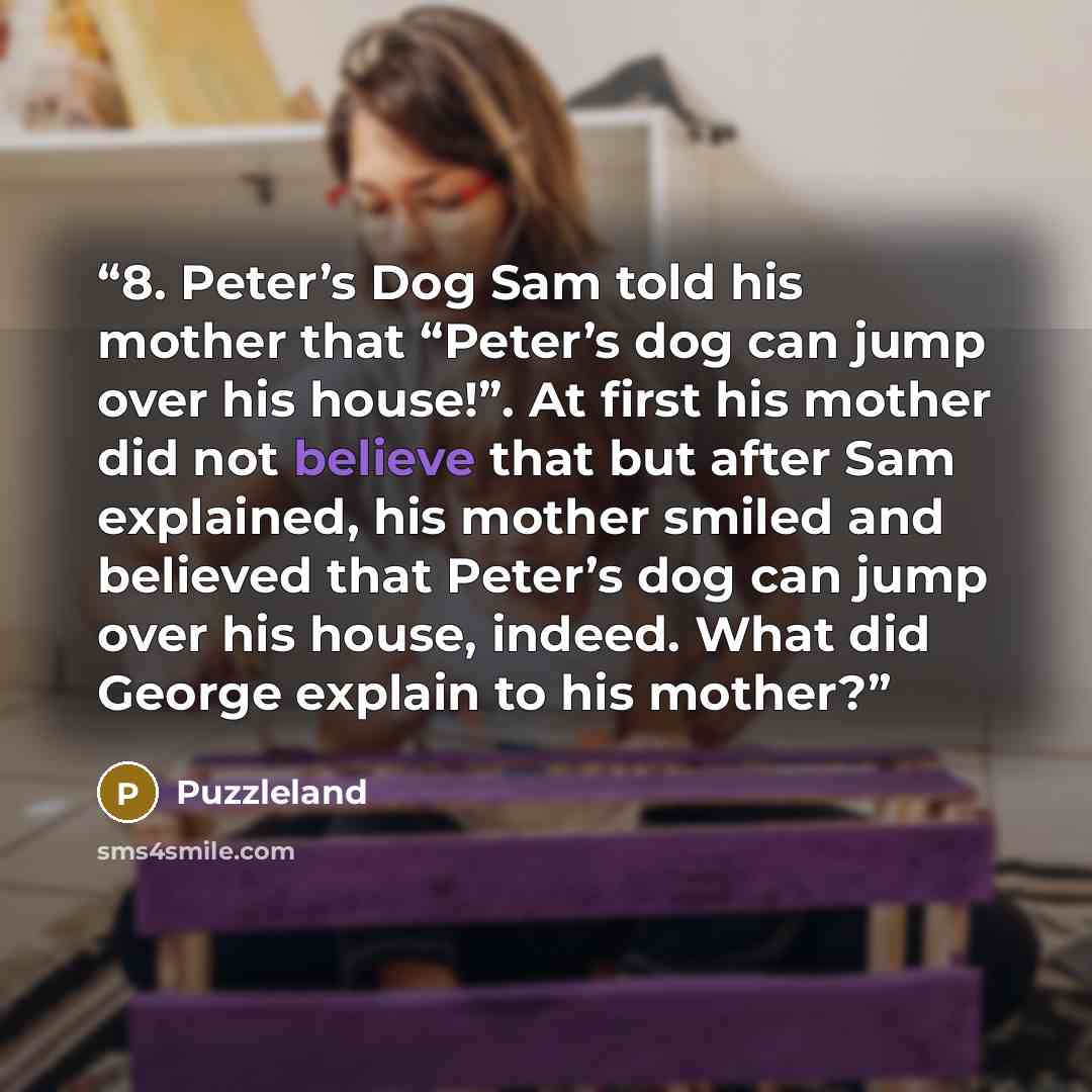 “8. Peter’s Dog Sam told his mother that “Peter’s dog can jump over his house!”. At first his mother did not believe that but after Sam explained, his mother smiled and believed that Peter’s dog can jump over his house, indeed. What did George explain to his mother?” quote by Puzzleland