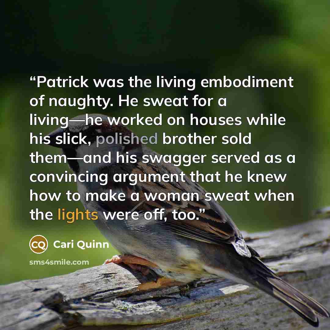 “Patrick was the living embodiment of naughty. He sweat for a living—he worked on houses while his slick, polished brother sold them—and his swagger served as a convincing argument that he knew how to make a woman sweat when the lights were off, too.” quote by Cari Quinn