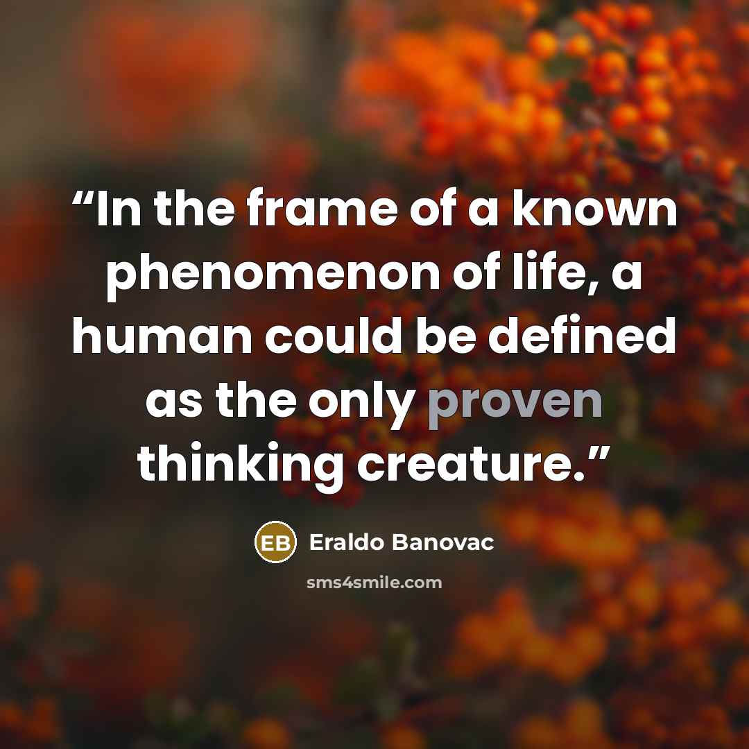 “In the frame of a known phenomenon of life, a human could be defined as the only proven thinking creature.” quote by Eraldo Banovac