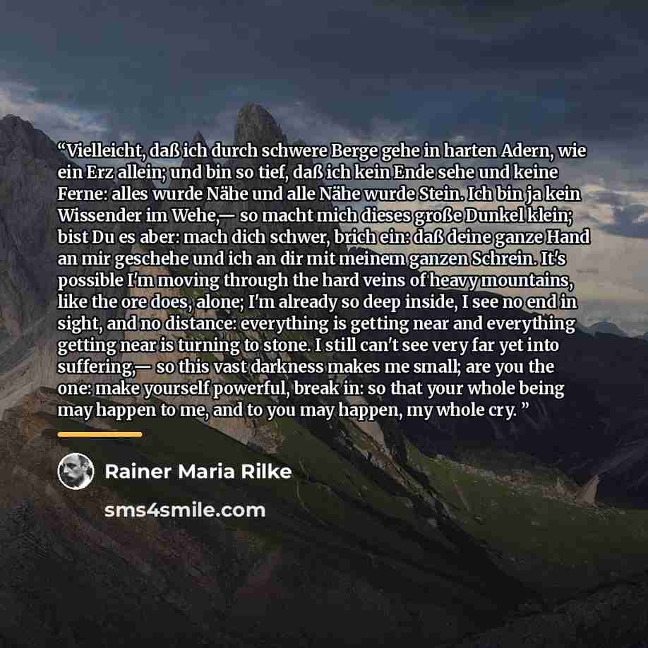 “Vielleicht, daß ich durch schwere Berge gehe in harten Adern, wie ein Erz allein; und bin so tief, daß ich kein Ende sehe und keine Ferne: alles wurde Nähe und alle Nähe wurde Stein. Ich bin ja kein Wissender im Wehe,— so macht mich dieses große Dunkel klein; bist Du es aber: mach dich schwer…” quote by Rainer Maria Rilke