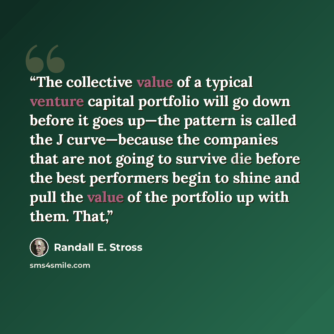 “The collective value of a typical venture capital portfolio will go down before it goes up—the pattern is called the J curve—because the companies that are not going to survive die before the best performers begin to shine and pull the value of the portfolio up with them. That,” quote by Randall E. Stross
