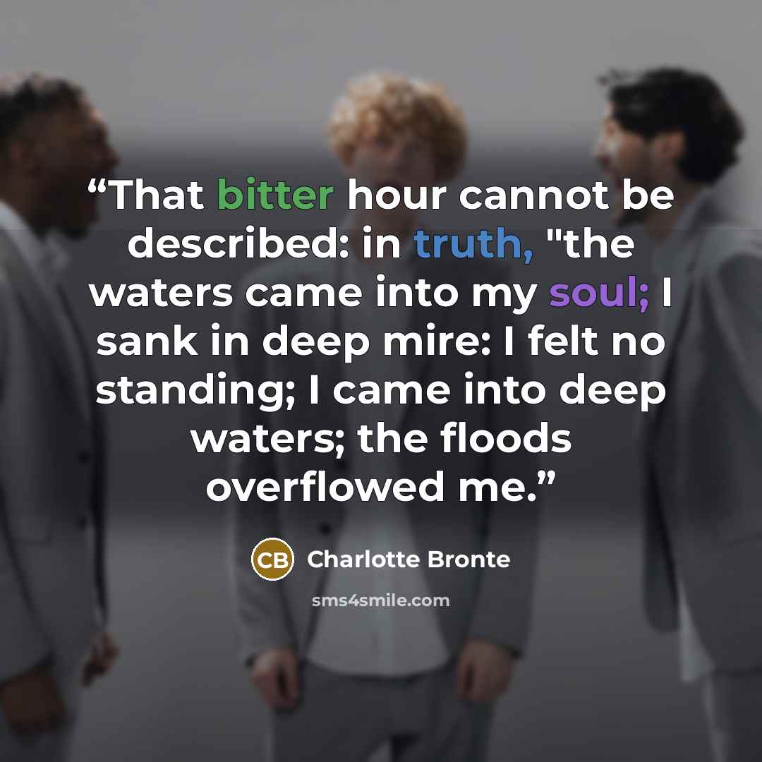 “That bitter hour cannot be described: in truth, "the waters came into my soul; I sank in deep mire: I felt no standing; I came into deep waters; the floods overflowed me.” quote by Charlotte Brontë
