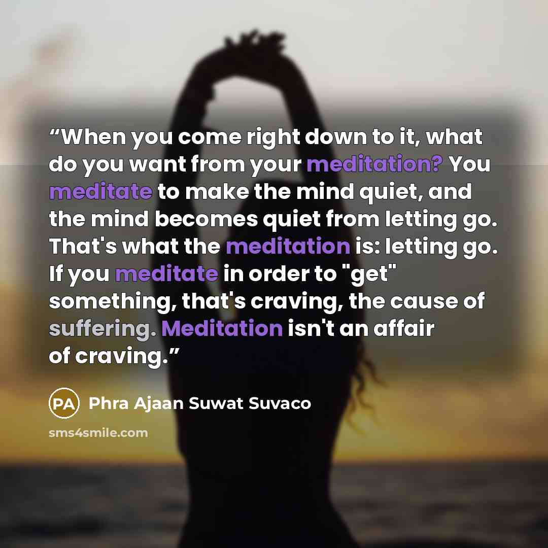 “When you come right down to it, what do you want from your meditation? You meditate to make the mind quiet, and the mind becomes quiet from letting go. That's what the meditation is: letting go. If you meditate in order to "get" something, that's craving, the cause of suffering. Meditation isn't…” quote by Phra Ajaan Suwat Suvaco