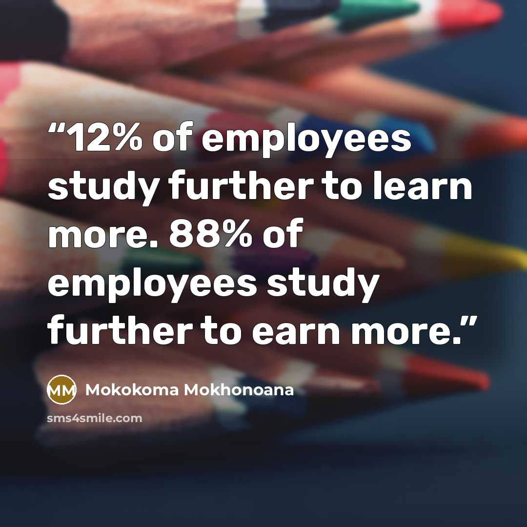 “12% of employees study further to learn more. 88% of employees study further to earn more.” quote by Mokokoma Mokhonoana