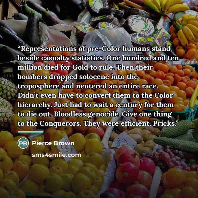 “Representations of pre-Color humans stand beside casualty statistics. One hundred and ten million died for Gold to rule. Then their bombers dropped solocene into the troposphere and neutered an entire race. Didn’t even have to convert them to the Color hierarchy. Just had to wait a century for…” quote by Pierce Brown