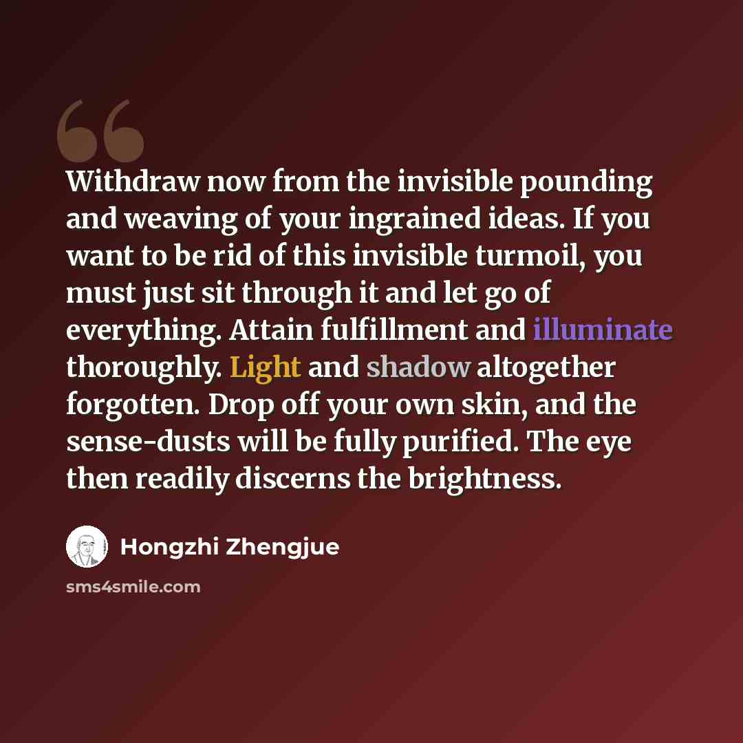 “Withdraw now from the invisible pounding and weaving of your ingrained ideas. If you want to be rid of this invisible turmoil, you must just sit through it and let go of everything. Attain fulfillment and illuminate thoroughly. Light and shadow altogether forgotten. Drop off your own skin, and the…” quote by Hongzhi Zhengjue