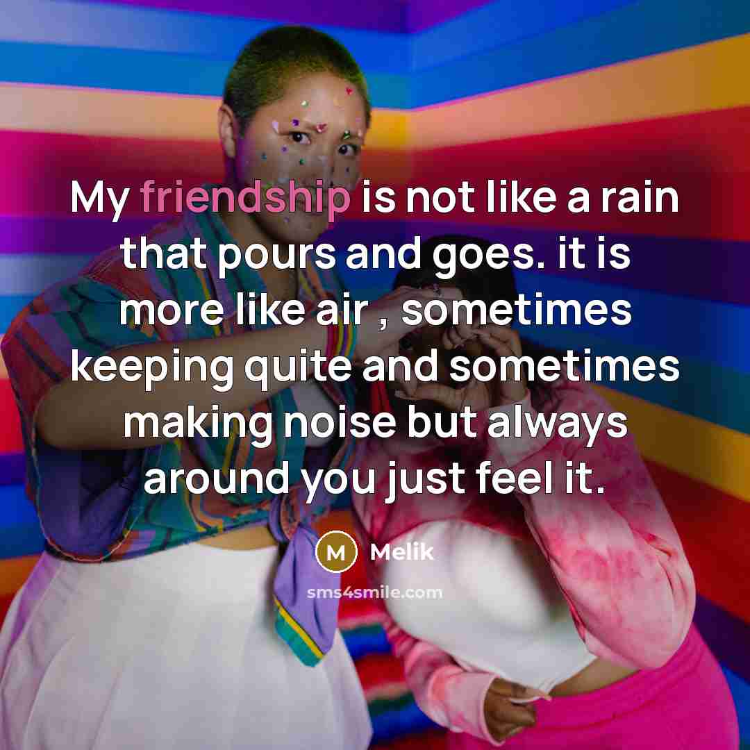 “My friendship is not like a rain that pours and goes. it is more like air , sometimes keeping quite and sometimes making noise but always around you just feel it.” quote by Melik