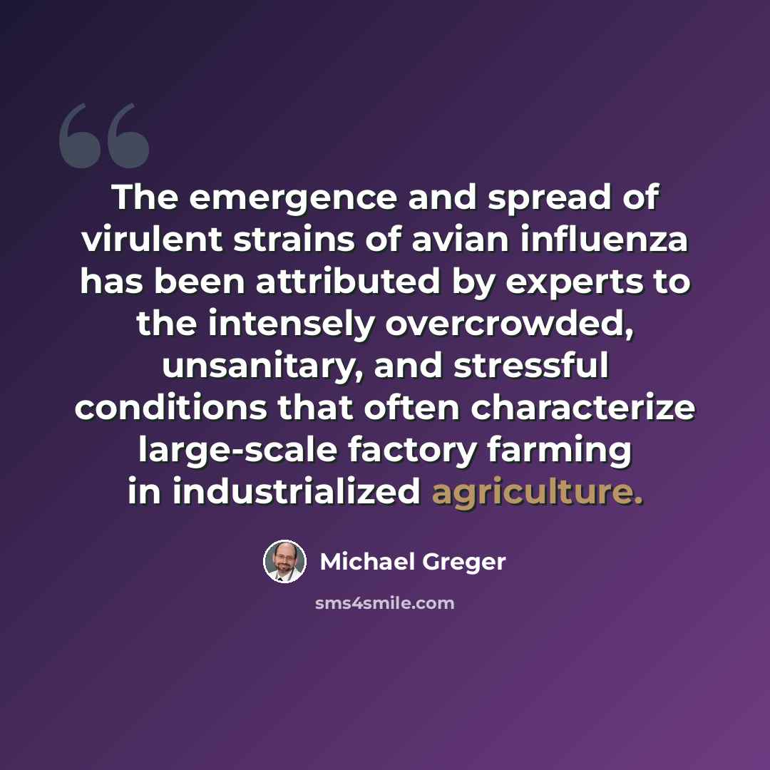 “The emergence and spread of virulent strains of avian influenza has been attributed by experts to the intensely overcrowded, unsanitary, and stressful conditions that often characterize large-scale factory farming in industrialized agriculture.” quote by Michael Greger