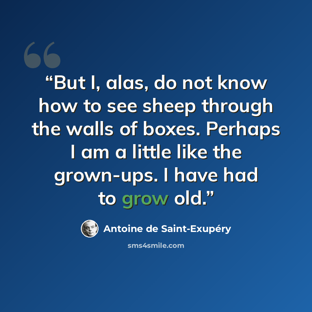 “But I, alas, do not know how to see sheep through the walls of boxes. Perhaps I am a little like the grown-ups. I have had to grow old.” quote by Antoine de Saint-Exupéry