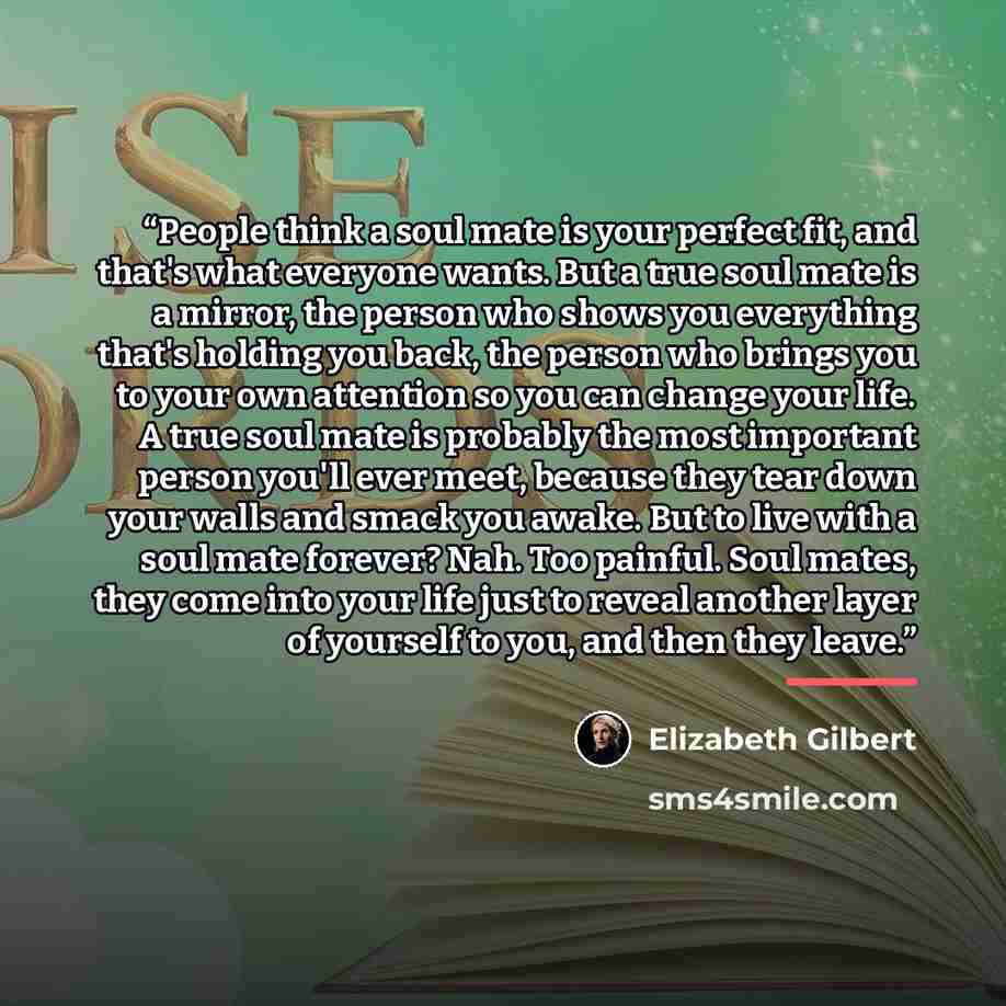 “People think a soul mate is your perfect fit, and that's what everyone wants. But a true soul mate is a mirror, the person who shows you everything that's holding you back, the person who brings you to your own attention so you can change your life. A true soul mate is probably the most important…” quote by Elizabeth Gilbert