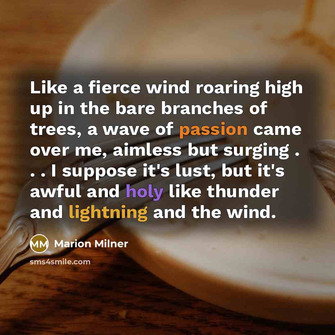 “Like a fierce wind roaring high up in the bare branches of trees, a wave of passion came over me, aimless but surging . . . I suppose it's lust, but it's awful and holy like thunder and lightning and the wind.” quote by Marion Milner