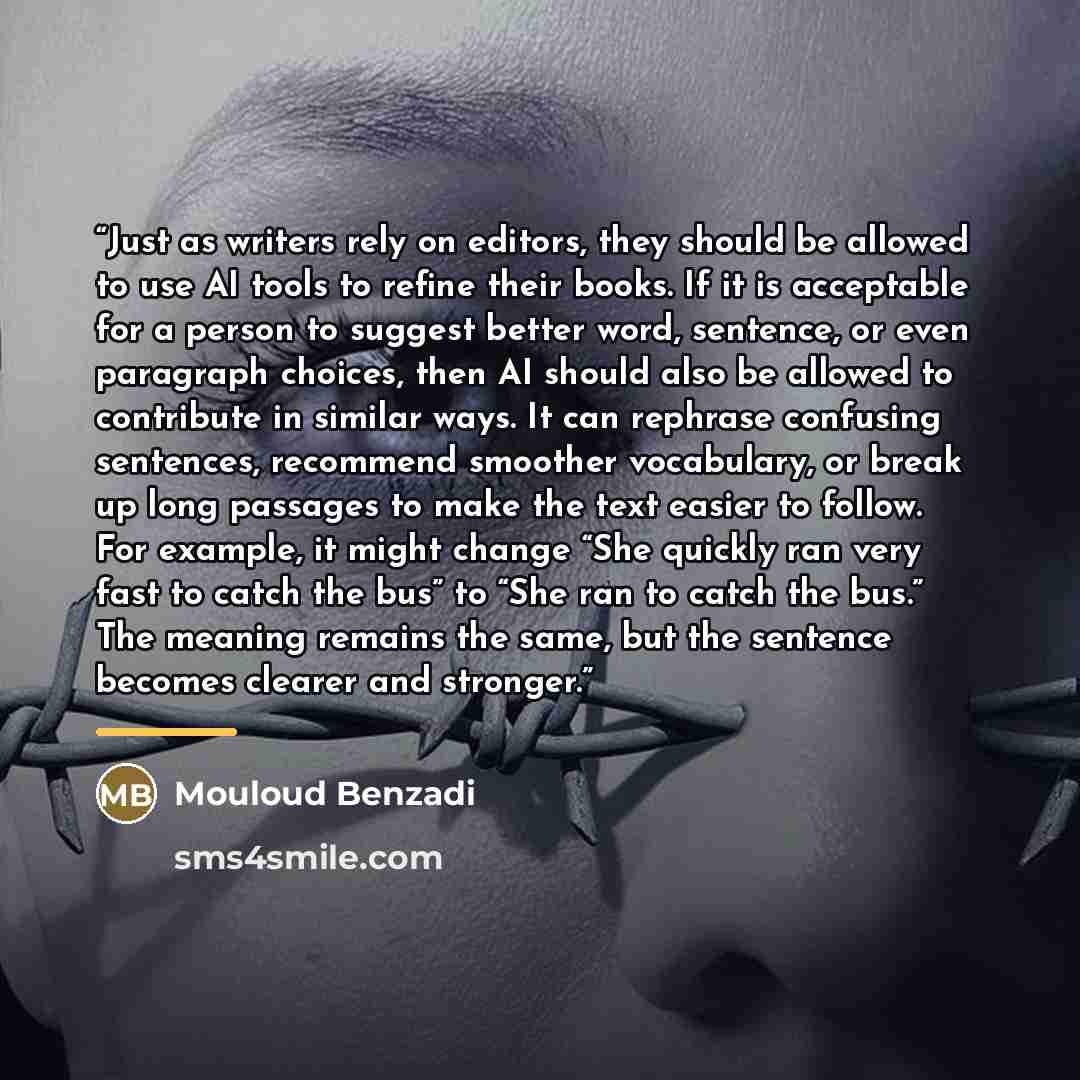 “Just as writers rely on editors, they should be allowed to use AI tools to refine their books. If it is acceptable for a person to suggest better word, sentence, or even paragraph choices, then AI should also be allowed to contribute in similar ways. It can rephrase confusing sentences, recommend…” quote by Mouloud Benzadi