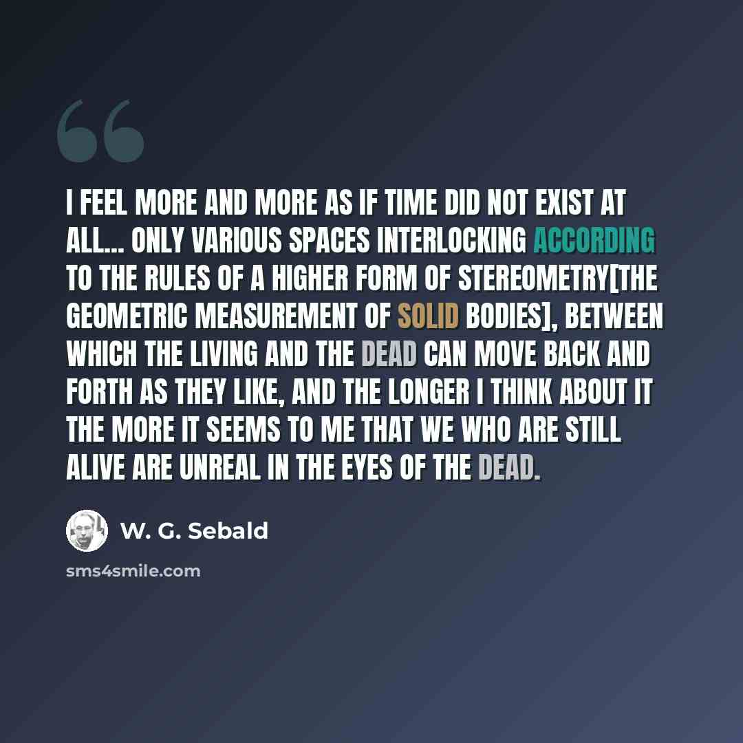 “I feel more and more as if time did not exist at all... only various spaces interlocking according to the rules of a higher form of stereometry[the geometric measurement of solid bodies], between which the living and the dead can move back and forth as they like, and the longer I think about it…” quote by W. G. Sebald