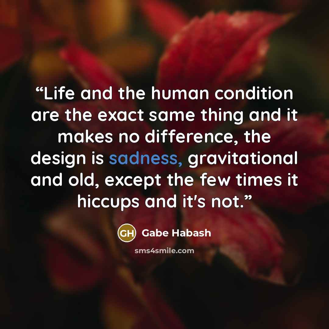 “Life and the human condition are the exact same thing and it makes no difference, the design is sadness, gravitational and old, except the few times it hiccups and it's not.” quote by Gabe Habash