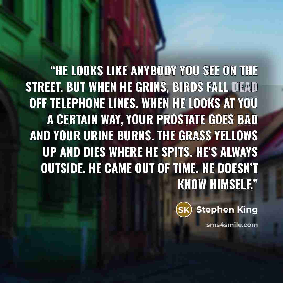 “He looks like anybody you see on the street. But when he grins, birds fall dead off telephone lines. When he looks at you a certain way, your prostate goes bad and your urine burns. The grass yellows up and dies where he spits. He’s always outside. He came out of time. He doesn’t know himself.” quote by Stephen King