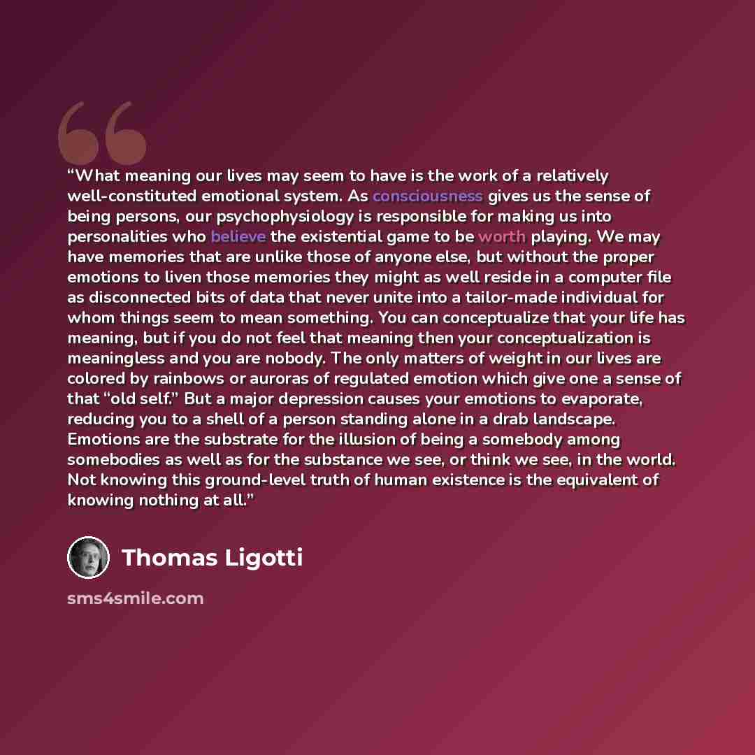 “What meaning our lives may seem to have is the work of a relatively well-constituted emotional system. As consciousness gives us the sense of being persons, our psychophysiology is responsible for making us into personalities who believe the existential game to be worth playing. We may have…” quote by Thomas Ligotti