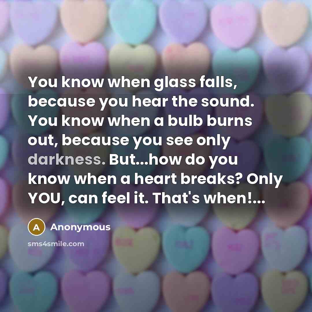“You know when glass falls, because you hear the sound. You know when a bulb burns out, because you see only darkness. But...how do you know when a heart breaks? Only YOU, can feel it. That's when!...” quote by Anonymous