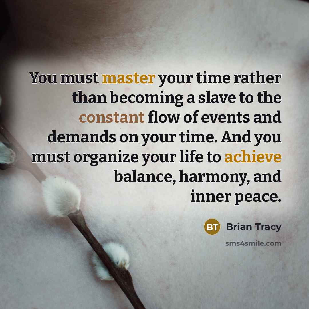 “You must master your time rather than becoming a slave to the constant flow of events and demands on your time. And you must organize your life to achieve balance, harmony, and inner peace.” quote by Brian Tracy