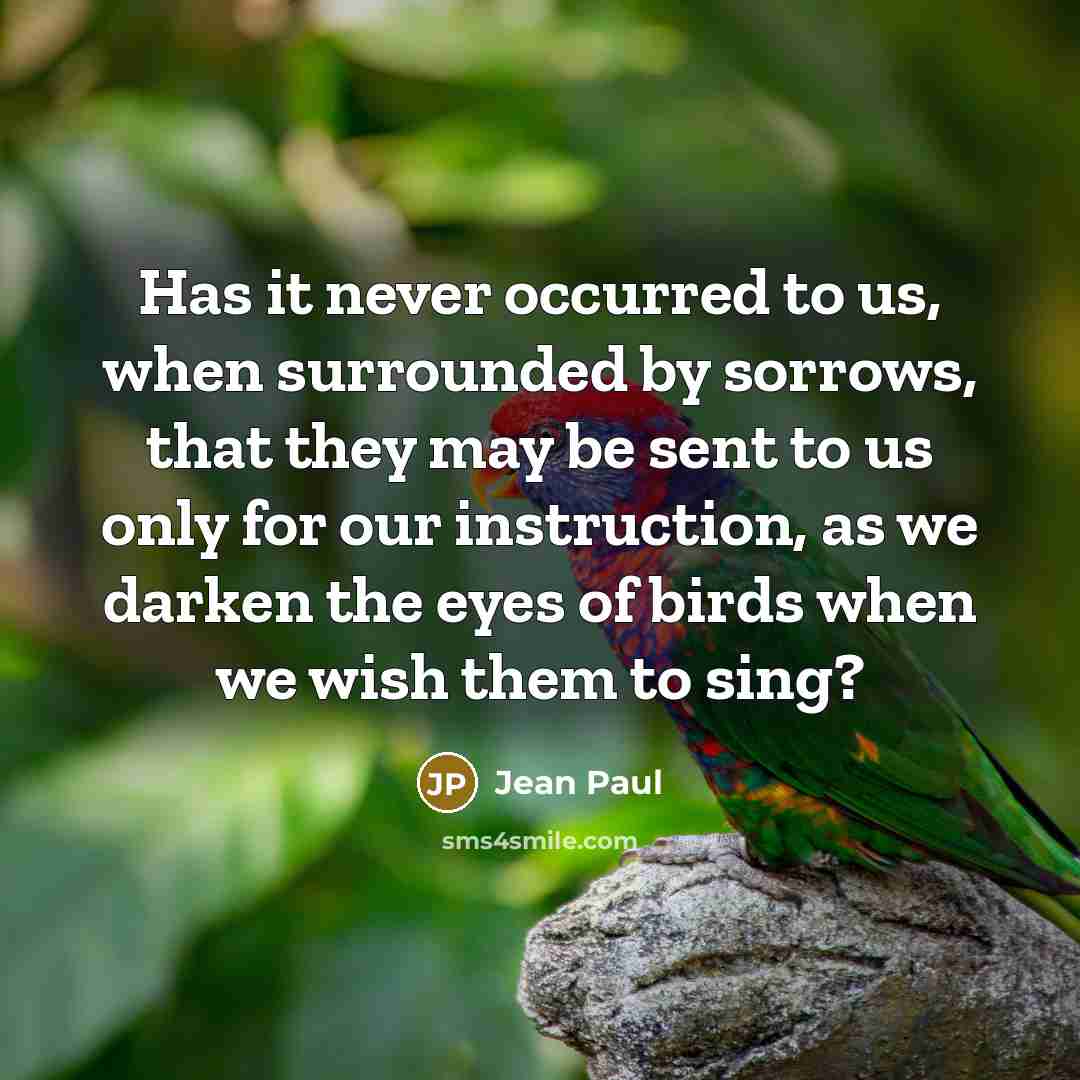 “Has it never occurred to us, when surrounded by sorrows, that they may be sent to us only for our instruction, as we darken the eyes of birds when we wish them to sing?” quote by Jean Paul