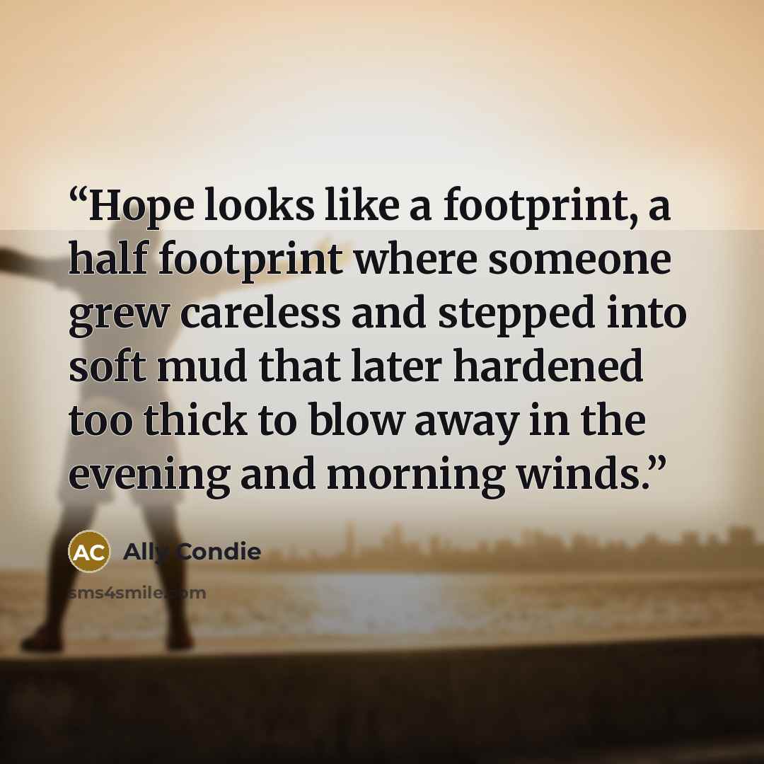 “Hope looks like a footprint, a half footprint where someone grew careless and stepped into soft mud that later hardened too thick to blow away in the evening and morning winds.” quote by Ally Condie