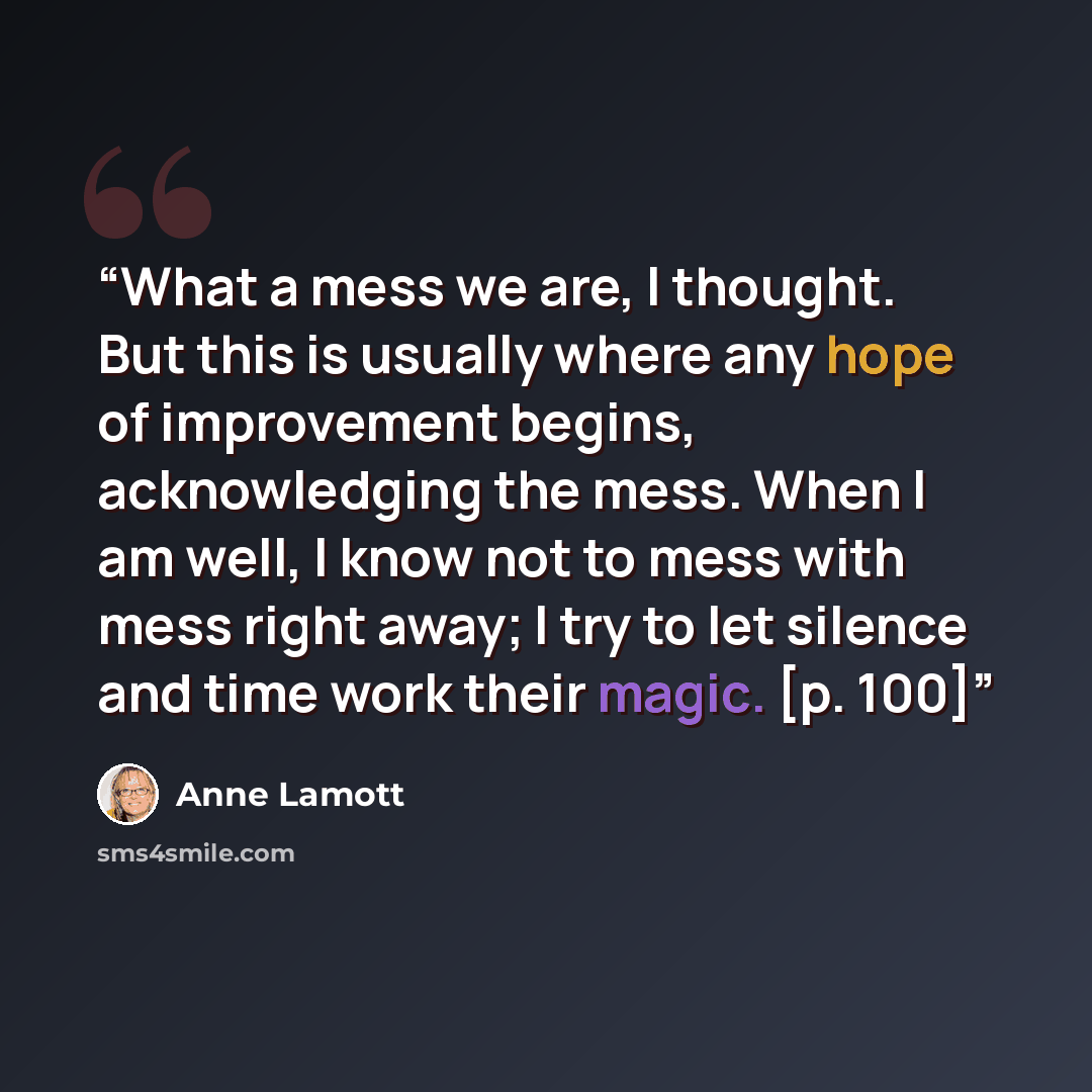 “What a mess we are, I thought. But this is usually where any hope of improvement begins, acknowledging the mess. When I am well, I know not to mess with mess right away; I try to let silence and time work their magic. [p. 100]” quote by Anne Lamott