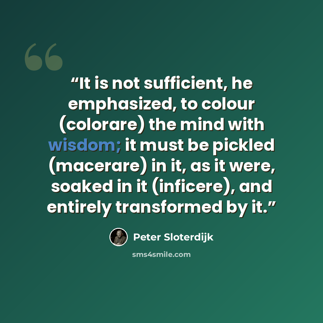 “It is not sufficient, he emphasized, to colour (colorare) the mind with wisdom; it must be pickled (macerare) in it, as it were, soaked in it (inficere), and entirely transformed by it.” quote by Peter Sloterdijk