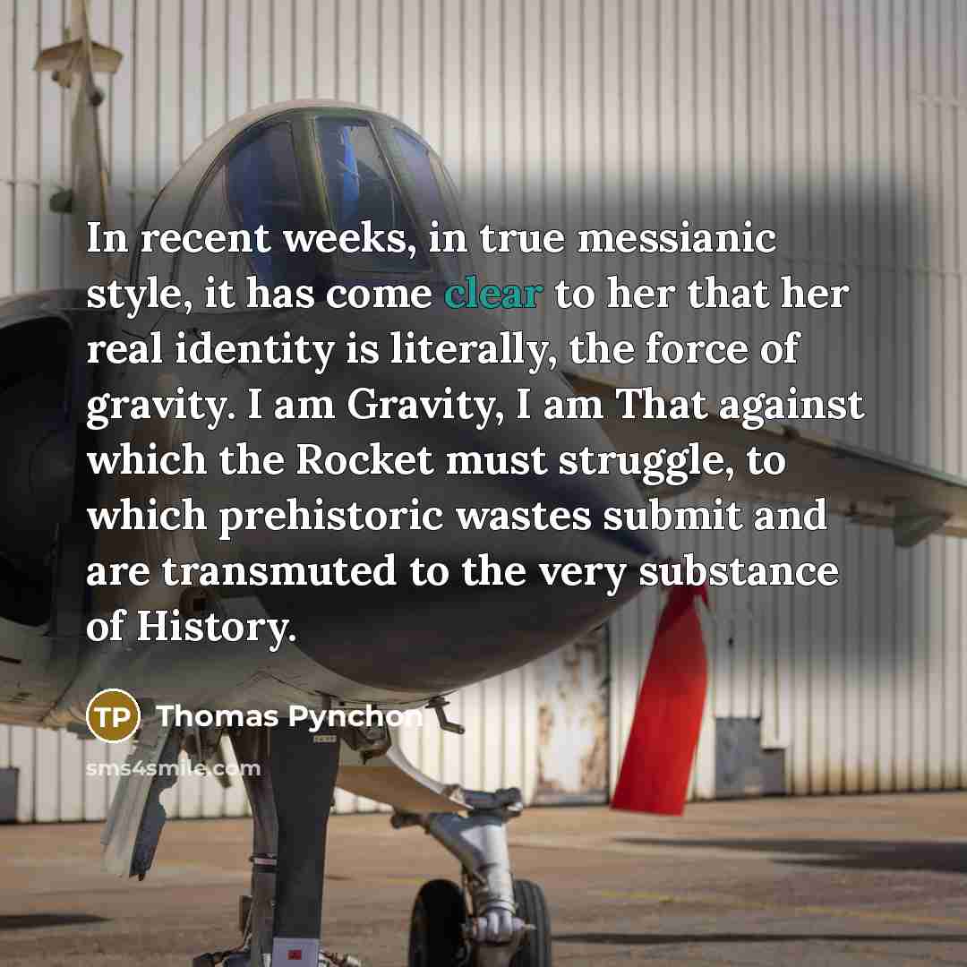 “In recent weeks, in true messianic style, it has come clear to her that her real identity is literally, the force of gravity. I am Gravity, I am That against which the Rocket must struggle, to which prehistoric wastes submit and are transmuted to the very substance of History.” quote by Thomas Pynchon