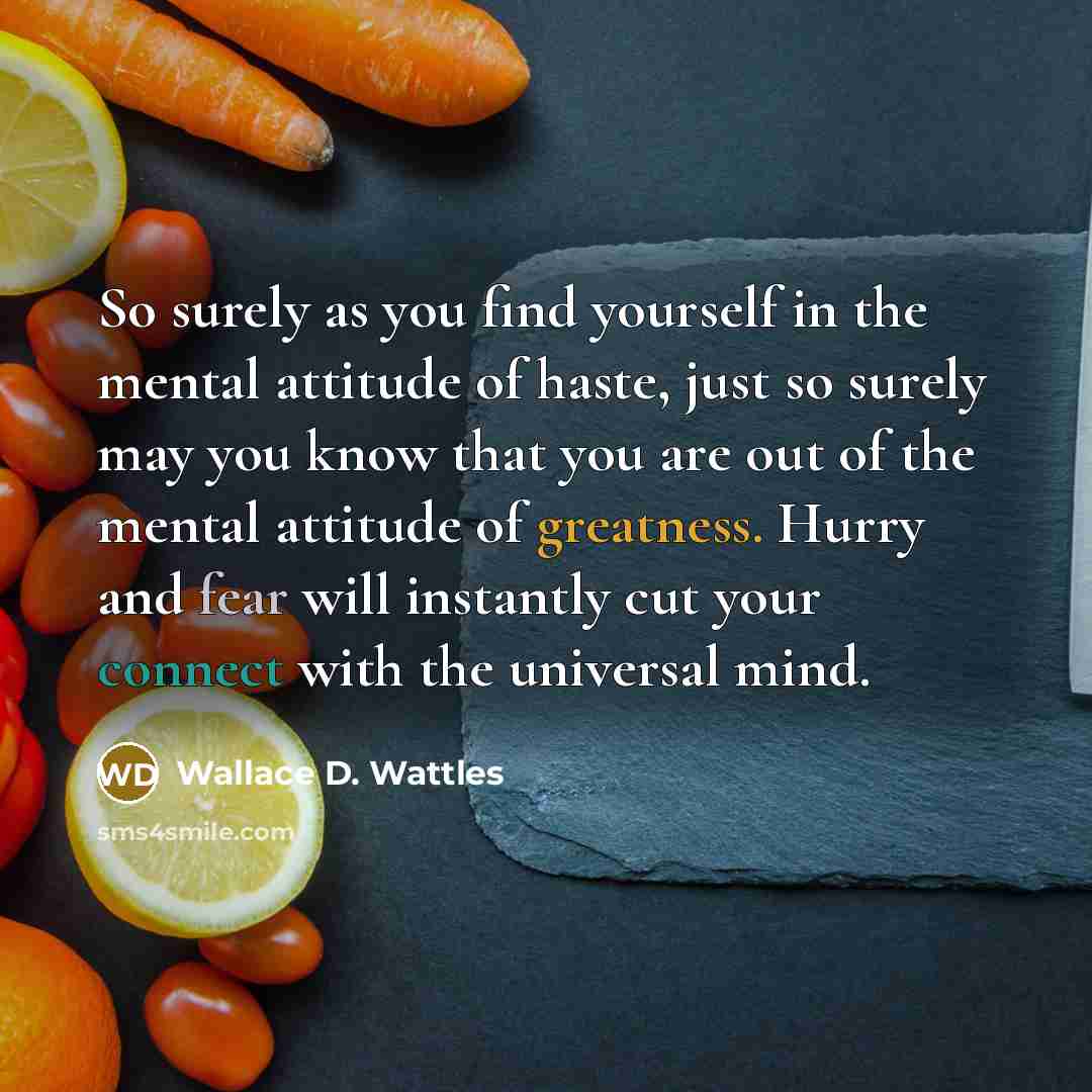“So surely as you find yourself in the mental attitude of haste, just so surely may you know that you are out of the mental attitude of greatness. Hurry and fear will instantly cut your connect with the universal mind.” quote by Wallace D. Wattles