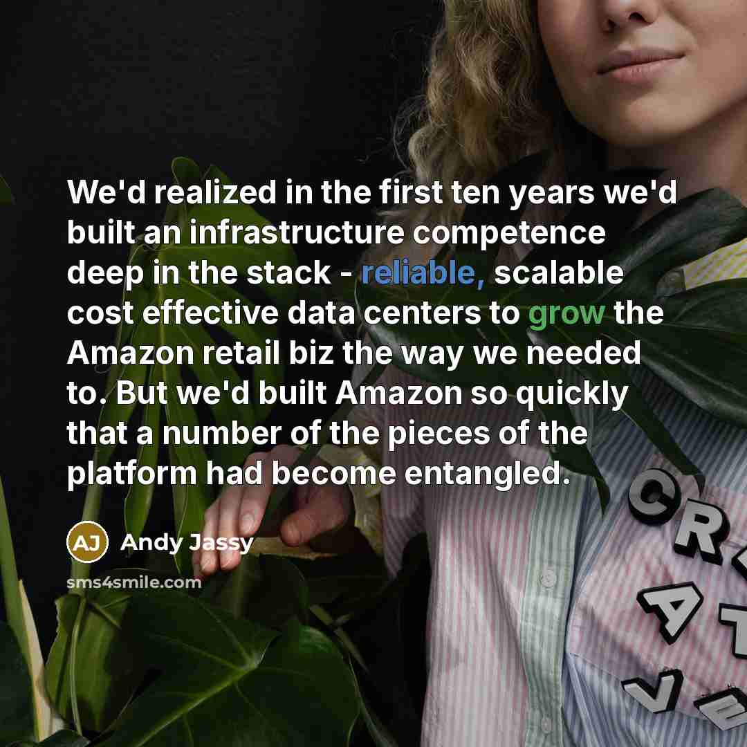 “We'd realized in the first ten years we'd built an infrastructure competence deep in the stack - reliable, scalable cost effective data centers to grow the Amazon retail biz the way we needed to. But we'd built Amazon so quickly that a number of the pieces of the platform had become entangled.” quote by Andy Jassy