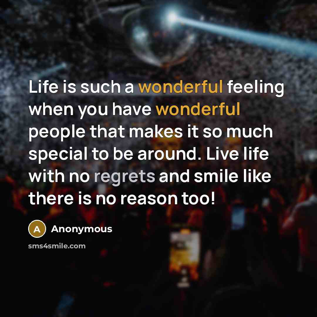 “Life is such a wonderful feeling when you have wonderful people that makes it so much special to be around. Live life with no regrets and smile like there is no reason too!” quote by Anonymous