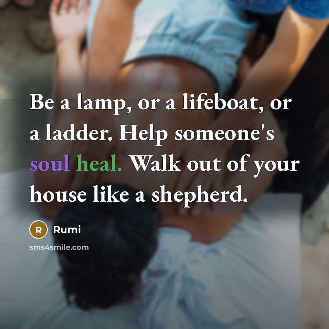 “Be a lamp, or a lifeboat, or a ladder. Help someone's soul heal. Walk out of your house like a shepherd.” quote by Rumi