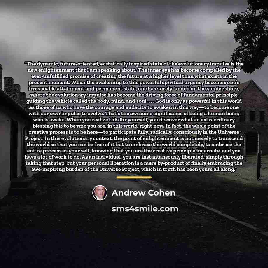 “The dynamic, future-oriented, ecstatically inspired state of the evolutionary impulse is the new enlightenment that I am speaking about. The inner eye has become compelled by the ever-unfulfilled promise of creating the future at a higher level than what exists in the present moment. When the…” quote by Andrew Cohen