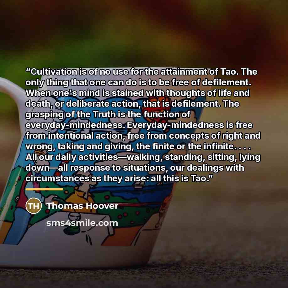 “Cultivation is of no use for the attainment of Tao. The only thing that one can do is to be free of defilement. When one's mind is stained with thoughts of life and death, or deliberate action, that is defilement. The grasping of the Truth is the function of everyday-mindedness…” quote by Thomas Hoover