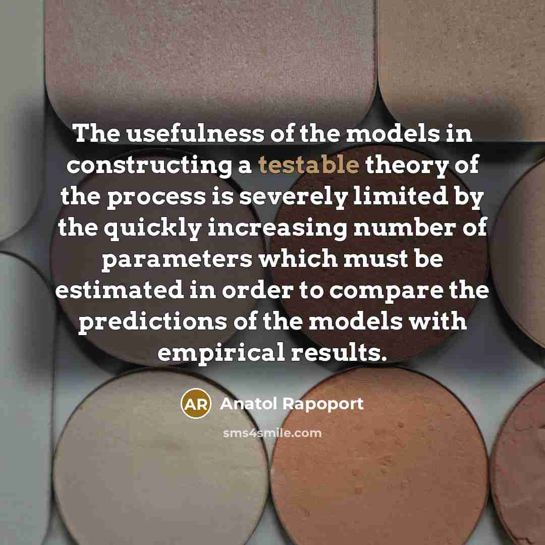 “The usefulness of the models in constructing a testable theory of the process is severely limited by the quickly increasing number of parameters which must be estimated in order to compare the predictions of the models with empirical results.” quote by Anatol Rapoport