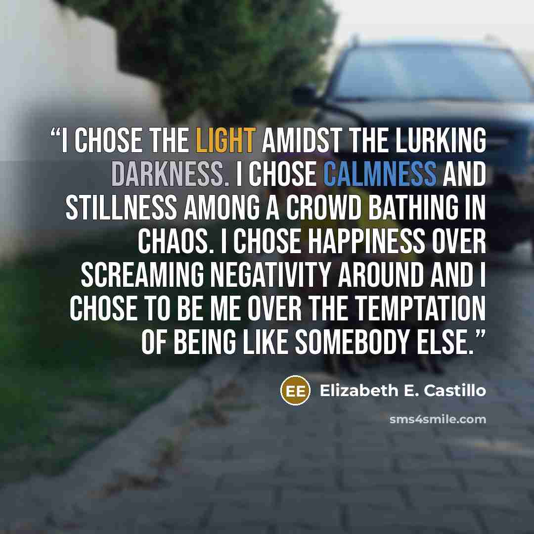 “I chose the light amidst the lurking darkness. I chose calmness and stillness among a crowd bathing in chaos. I chose happiness over screaming negativity around and I chose to be ME over the temptation of being like somebody else.” quote by Elizabeth E. Castillo