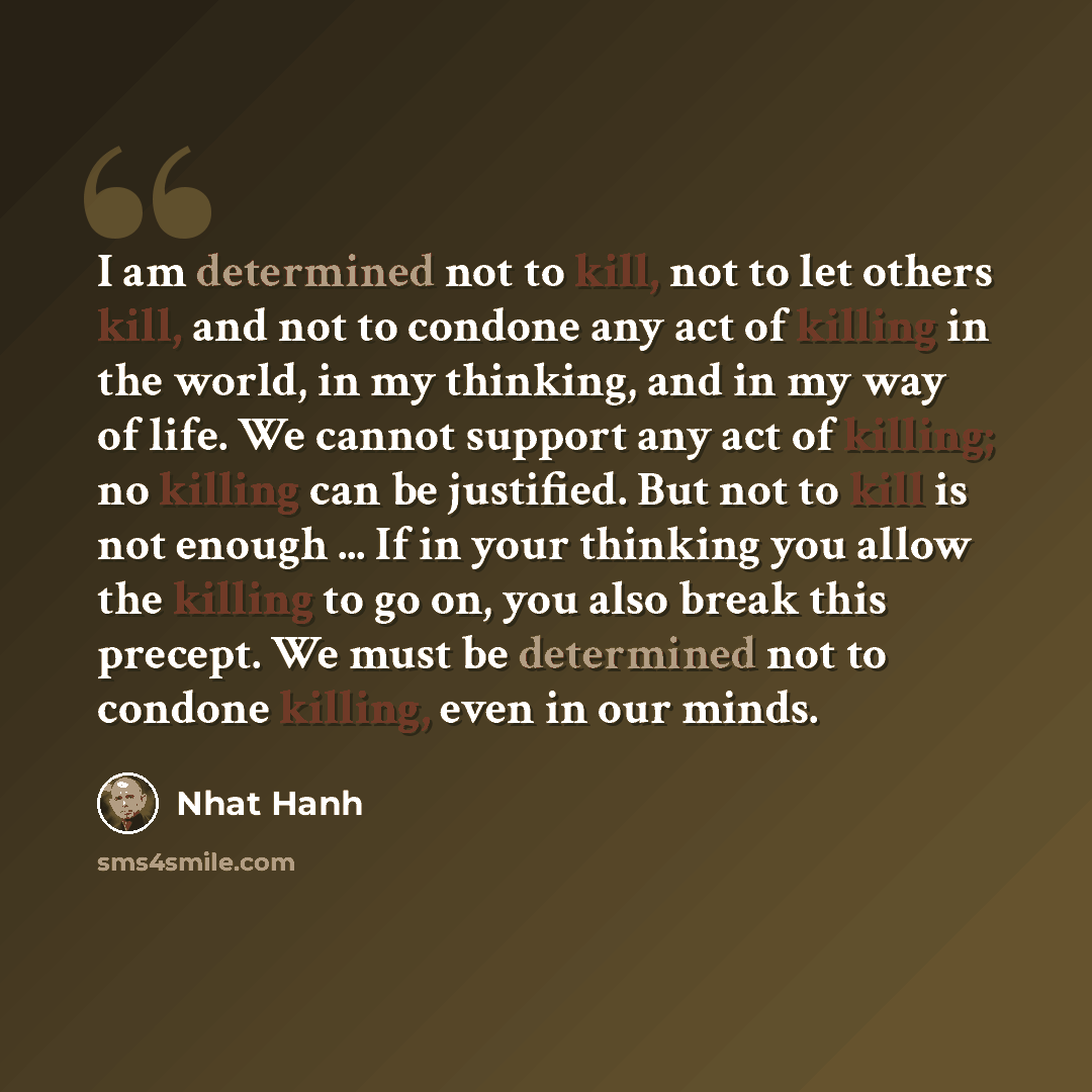 “I am determined not to kill, not to let others kill, and not to condone any act of killing in the world, in my thinking, and in my way of life. We cannot support any act of killing; no killing can be justified. But not to kill is not enough ... If in your thinking you allow the killing to go on…” quote by Nhat Hanh