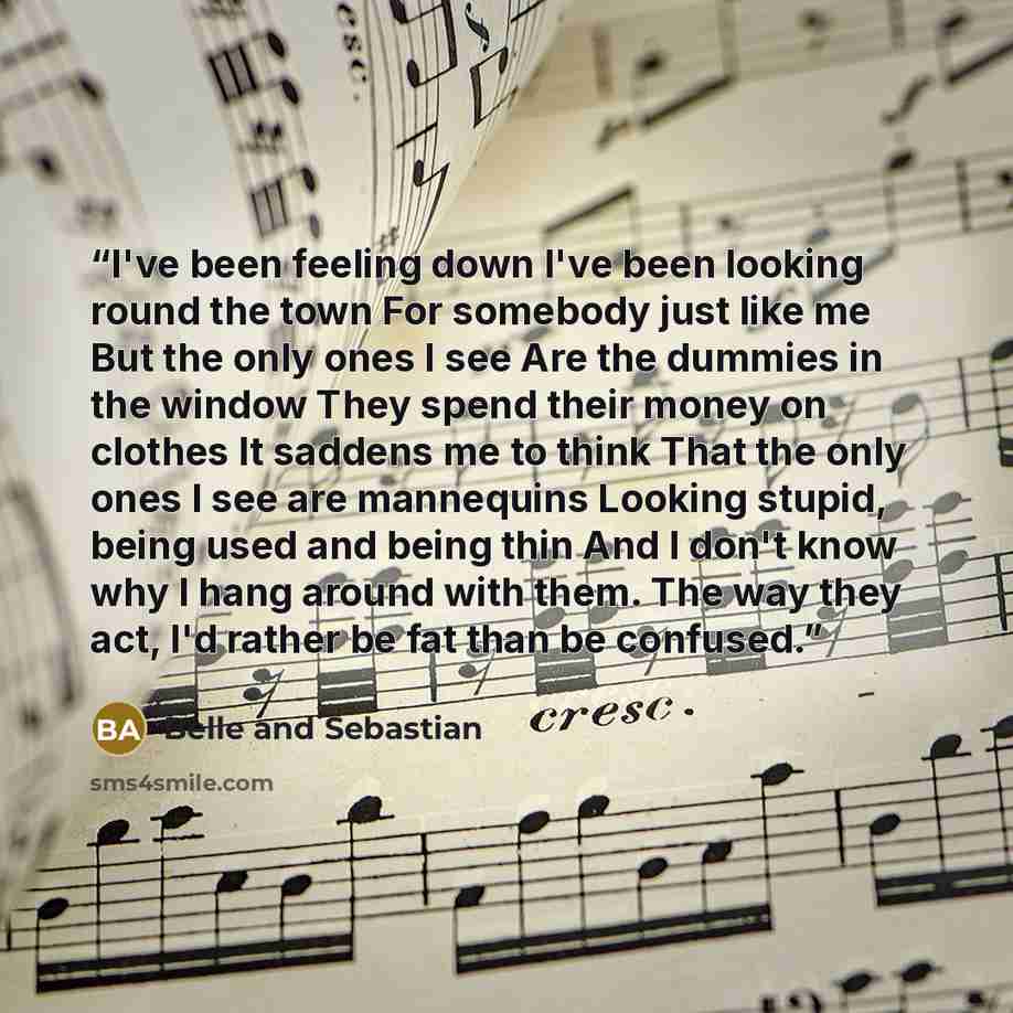 “I've been feeling down I've been looking round the town For somebody just like me But the only ones I see Are the dummies in the window They spend their money on clothes It saddens me to think That the only ones I see are mannequins Looking stupid, being used and being thin And I don't know why I…” quote by Belle and Sebastian