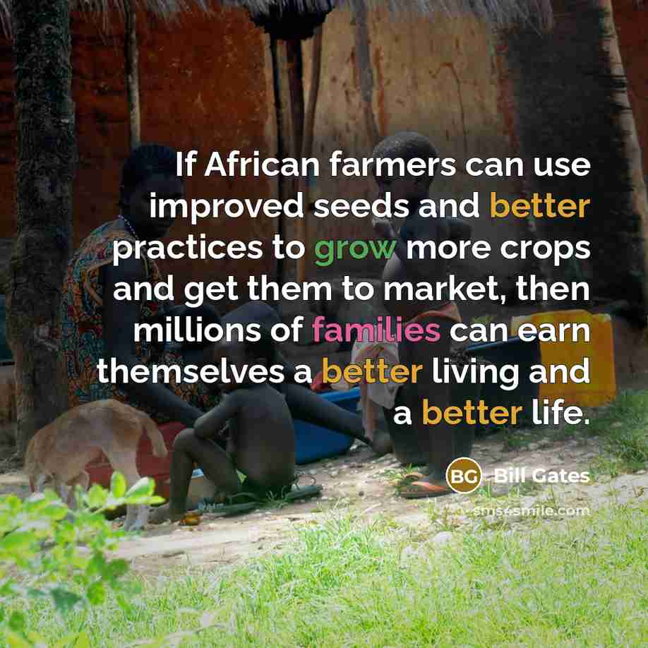 “If African farmers can use improved seeds and better practices to grow more crops and get them to market, then millions of families can earn themselves a better living and a better life.” quote by Bill Gates