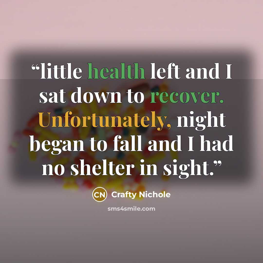 “little health left and I sat down to recover. Unfortunately, night began to fall and I had no shelter in sight.” quote by Crafty Nichole