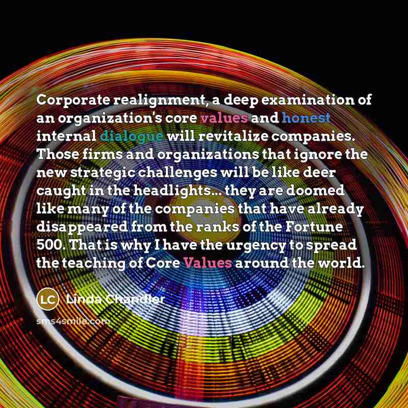 “Corporate realignment, a deep examination of an organization's core values and honest internal dialogue will revitalize companies. Those firms and organizations that ignore the new strategic challenges will be like deer caught in the headlights... they are doomed like many of the companies that…” quote by Linda Chandler
