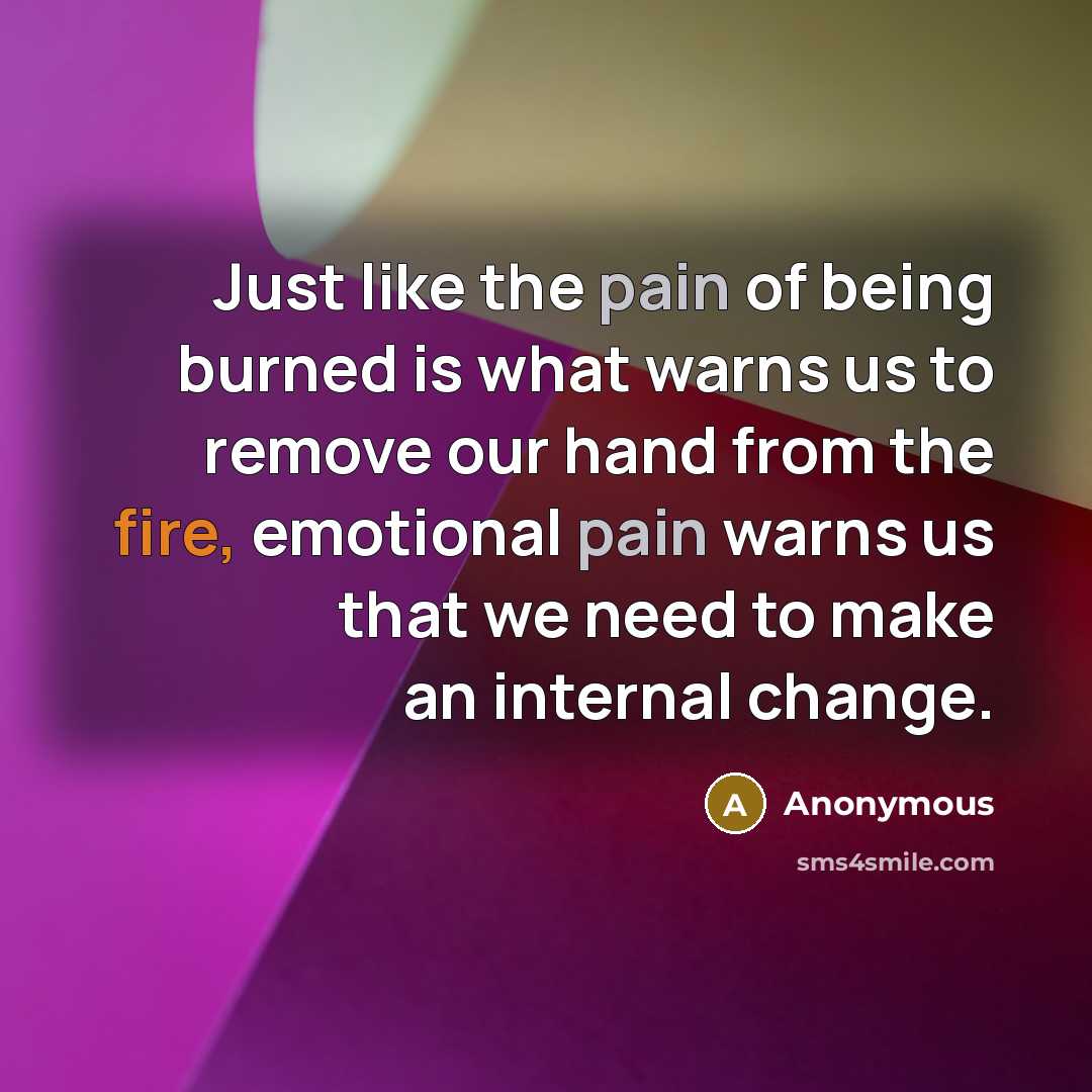 “Just like the pain of being burned is what warns us to remove our hand from the fire, emotional pain warns us that we need to make an internal change.” quote by Anonymous