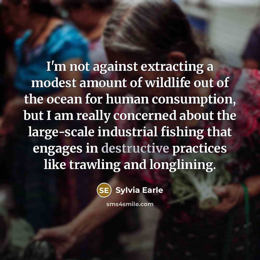 “I'm not against extracting a modest amount of wildlife out of the ocean for human consumption, but I am really concerned about the large-scale industrial fishing that engages in destructive practices like trawling and longlining.” quote by Sylvia Earle