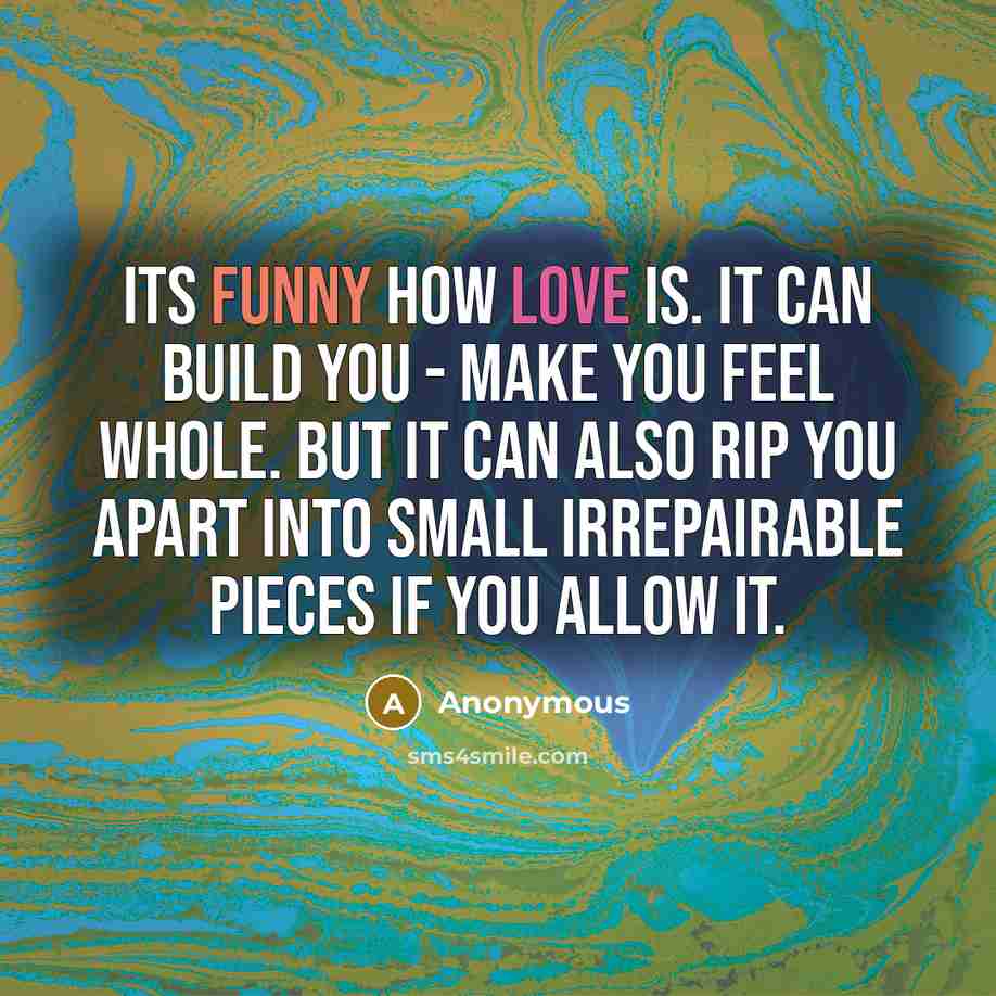 “Its funny how love is. It can build you - make you feel whole. But it can also rip you apart into small irrepairable pieces if you allow it.” quote by Anonymous