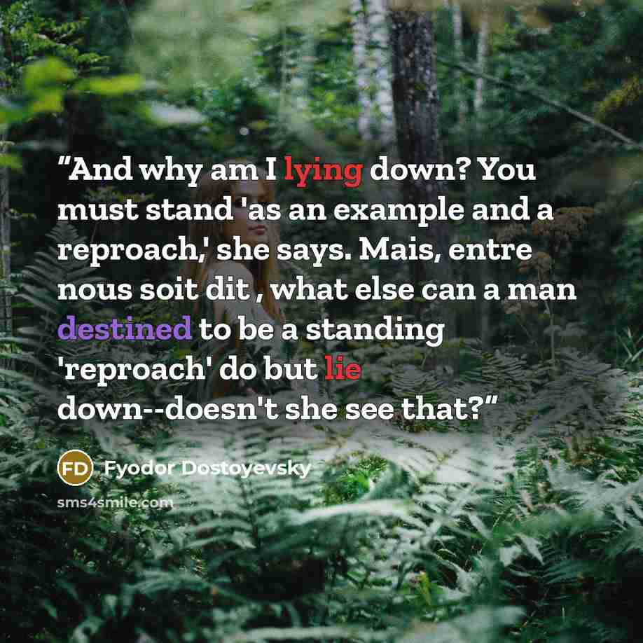 “And why am I lying down? You must stand 'as an example and a reproach,' she says. Mais, entre nous soit dit , what else can a man destined to be a standing 'reproach' do but lie down--doesn't she see that?” quote by Fyodor Dostoyevsky