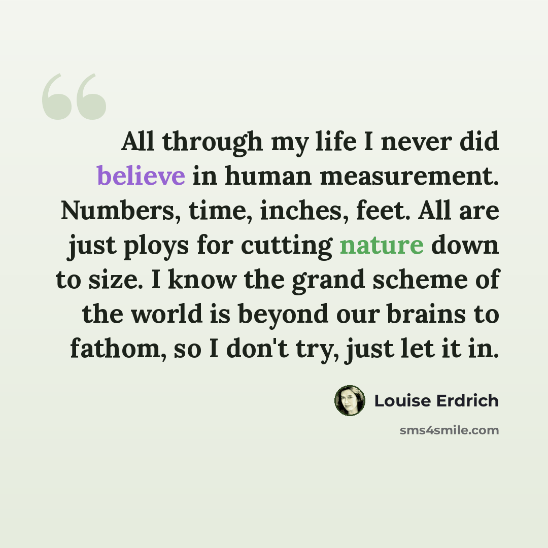 “All through my life I never did believe in human measurement. Numbers, time, inches, feet. All are just ploys for cutting nature down to size. I know the grand scheme of the world is beyond our brains to fathom, so I don't try, just let it in.” quote by Louise Erdrich